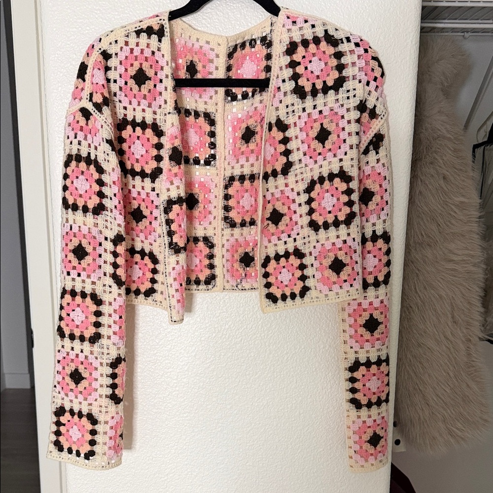 Crochet Cardigan with Pink and Black Squares